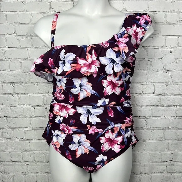 Kona Sol Purple Floral One Shoulder Flounce One Piece Swimsuit Plus Size… - Picture 2 of 3